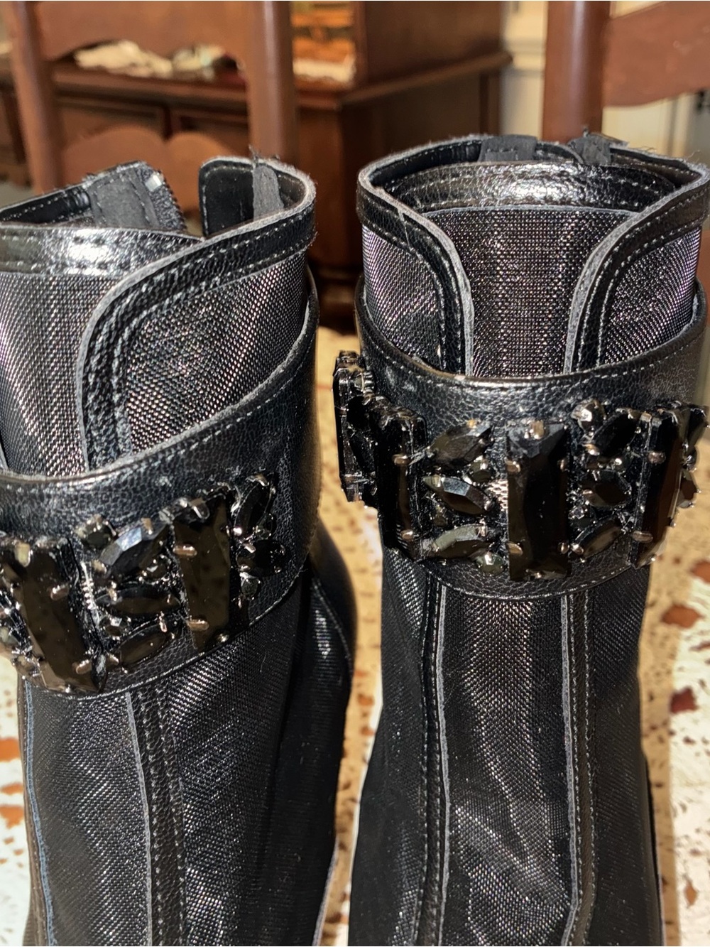 NWOT Karl Lagerfeld Paris Black Mesh Peep-Toe High Heel Booties - Picture 6 of 15